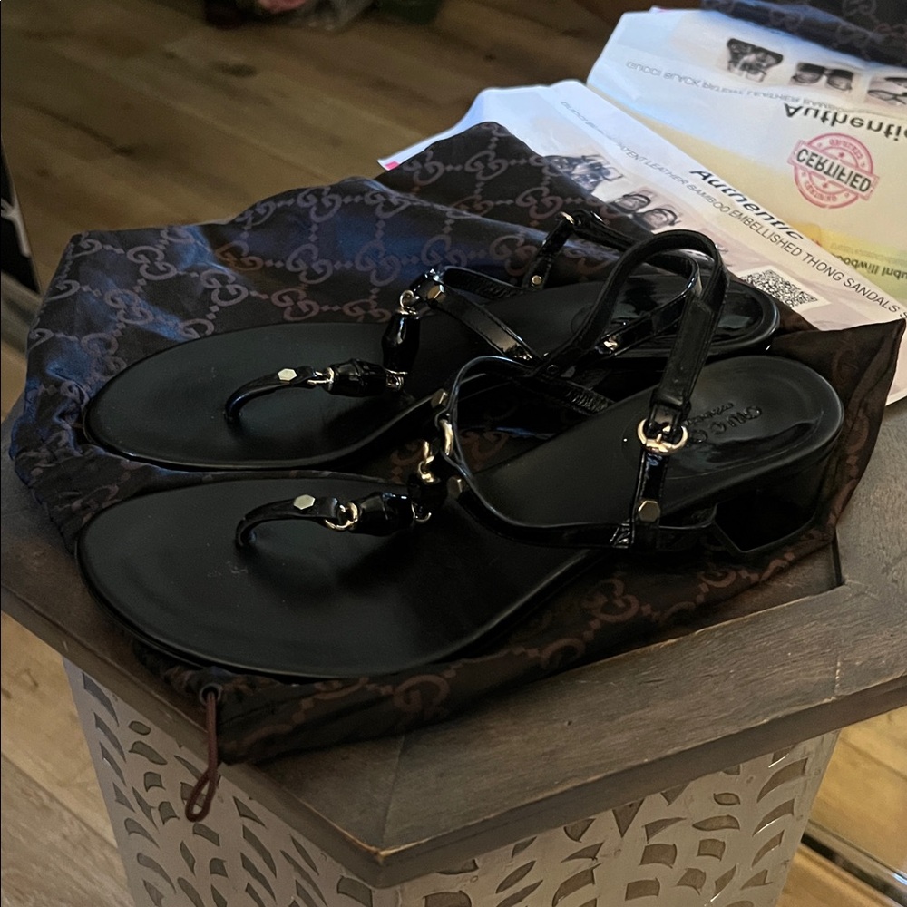 🛑 1 hour sale. GUCCI, size 7, Black Leather Bamboo Sandals w/ COA & dust bag - Picture 12 of 15